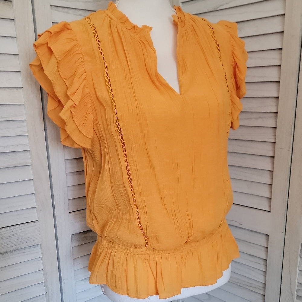 June & Hudson Bright Tangerine Ruffle Flutter Sleeve Boho Peplum Blouse Size XL